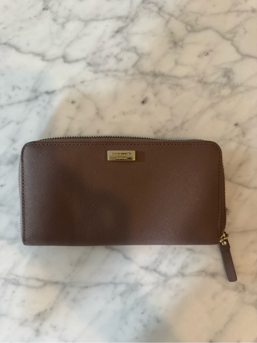 kate spade Brown Saffiano Zip-Around Wallet with Gold Hardware